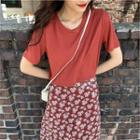 Short-sleeve Plain T-shirt / Floral Midi Skirt