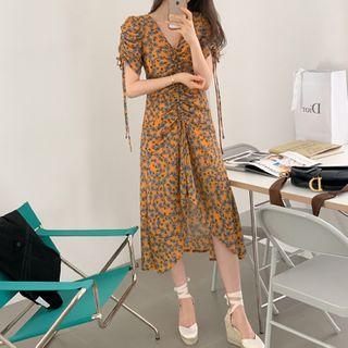 Short-sleeve Drawstring Floral Print Midi A-line Dress