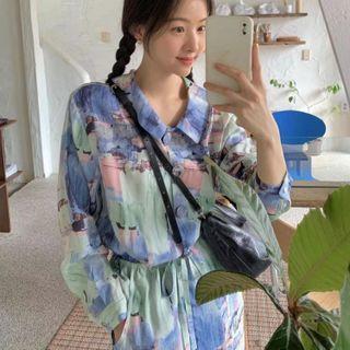 Long-sleeve Print Shirt Dress Blue - One Size
