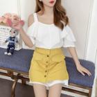 Set: Off-shoulder Elbow-sleeve Dress + Denim A-line Skirt