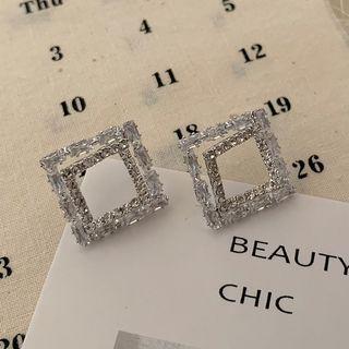 Rhinestone Square Ear Stud 1 Pair - Silver - One Size