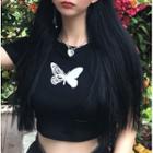 Butterfly Print Cropped T-shirt Black - One Size