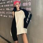 Letter Printed Asymmetric Shoulder Color Block Long T-shirt As Shown In Figure - One Size