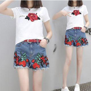 Set: Short-sleeve Printed T-shirt + Embroidered Denim Shorts