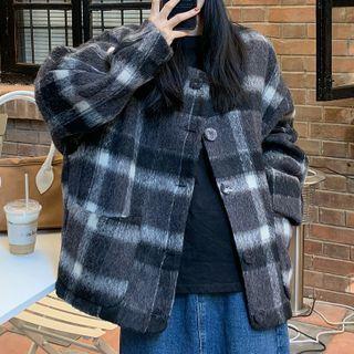 Plaid Button-up Coat Black - One Size