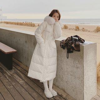 Furry Trim Hooded Quilted Long Coat