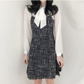 Tie-neck Blouse / Spaghetti Strap Tweed Dress