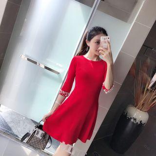 Embellished Elbow-sleeve A-line Knit Dress