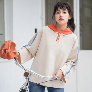 Contrast Trim Hooded Long-sleeve T-shirt Almond - One Size