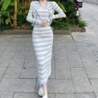 Long-sleeve Striped Knit Cardigan / Striped Strappy Midi Dress