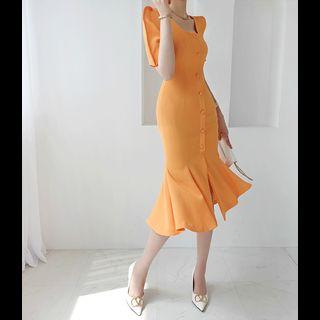 Square-neck Button-trim Mermaid Dress
