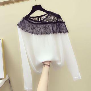 Lace-panel Long-sleeve Chiffon Blouse