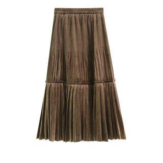 Plain Velvet Panel Pleated Midi Skirt