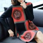 Mock Neck Rose Print Long-sleeve Knit Dress