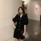 Set: Velvet Faux-pearl Short-sleeve Blouse + A-line Skirt As Shown In Figure - One Size