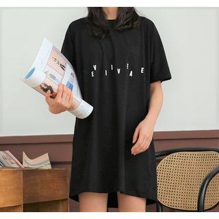 Lettering Short-sleeve T-shirt Dress Black - One Size