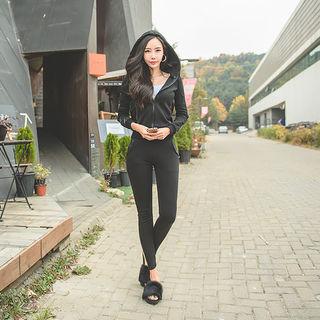Set: Faux-leather Detail Zip Hoodie + Sweatpants