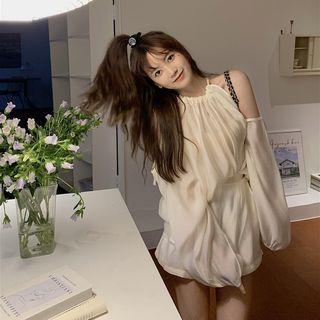 Set : Off Shoulder Blouse + High-waist Shorts Almond - One Size