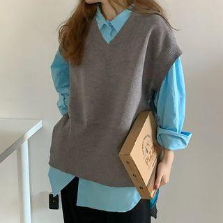 Long-sleeve Shirt / Tie-strap Sweater Vest