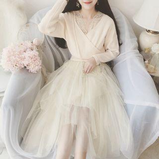 Set: Long-sleeve Knit Top + Mesh Midi A-line Dress