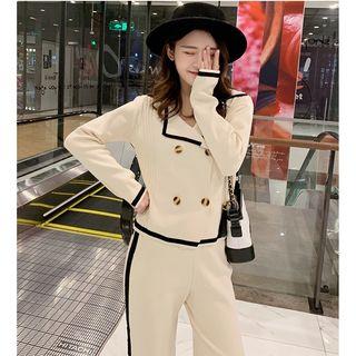 Set: Double Breasted Cardigan + Contrast Trim Wide Leg Pants