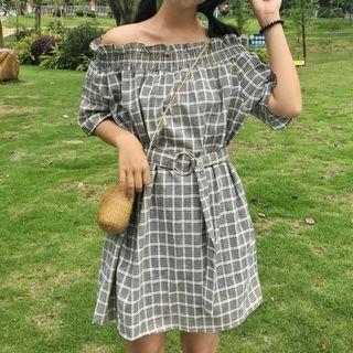 Window Pane Off Shoulder 3/4 Sleeve Dress