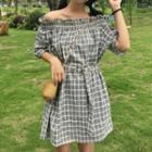 Window Pane Off Shoulder 3/4 Sleeve Dress