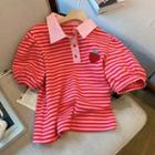 Short-sleeve Fruit Embroidered Striped Polo Shirt