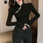 Frog-button Long-sleeve Crop Top