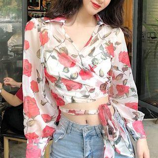 Long-sleeve Floral Chiffon Cropped Top