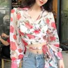 Long-sleeve Floral Chiffon Cropped Top