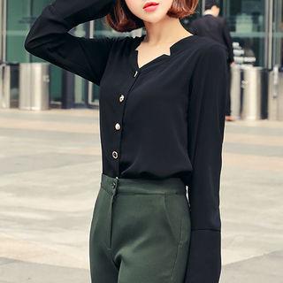Long-sleeve Cutout-detail Metallic-button Blouse