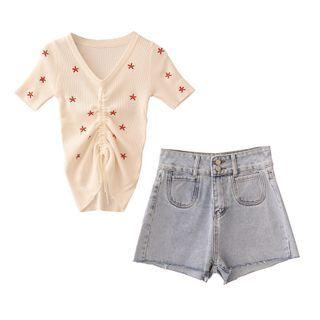 Embroidered Short-sleeve Knit Top / Denim Shorts