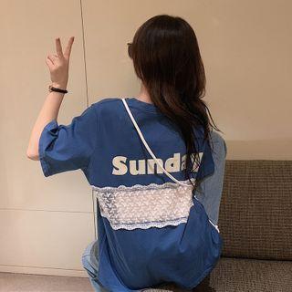 Short-sleeve Letter Print Lace Panel T-shirt