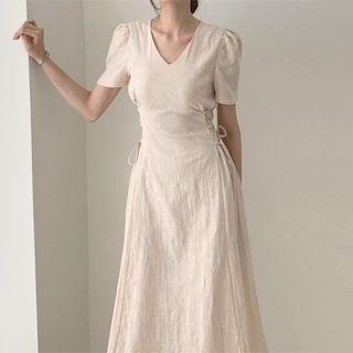 V-neck Plain Drawstring A-line Dress