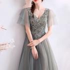 Short-sleeve Embroidered Lace Paneled Mesh A-line Evening Gown