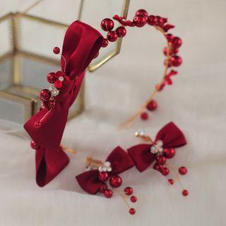 Set: Bow Wedding Headband + Earring Headband & Earring - Red - One Size