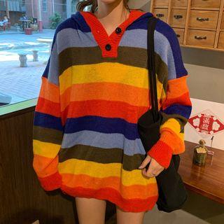 Striped Henley Hooded Sweater As Shown In Figure - One Size