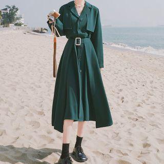 Long-sleeve Plain Tie-waist Midi A-line Shirtdress