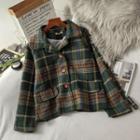 Plaid Pocket Woolen Jacket Green - One Size
