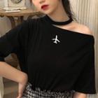 Elbow-sleeve Cut-out Embroidered T-shirt