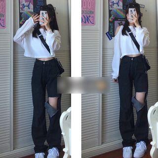 Cold Shoulder Sweatshirt / Cutout Straight-fit Pants