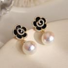 Faux Pearl Drop Sterling Silver Ear Stud 1 Pair - Black & White - One Size