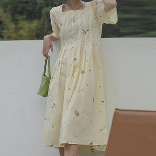 Floral Square Neck Puff Short Sleeve Dress