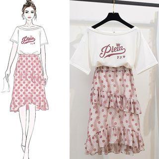 Set: Elbow-sleeve Letter T-shirt + Patterned A-line Chiffon Skirt