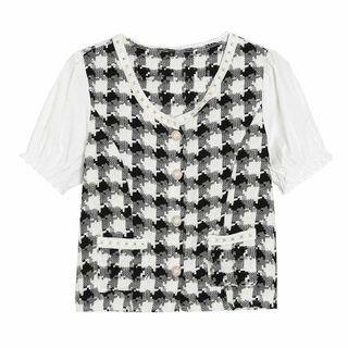 Puff-sleeve Paneled Houndstooth Blouse