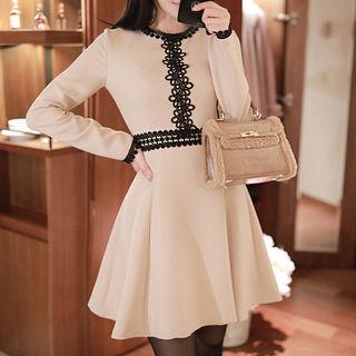 Round-neck Lace-trim Flare Dress