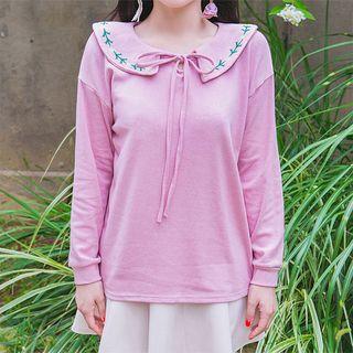 Tie-neck Embroidered Collar Top