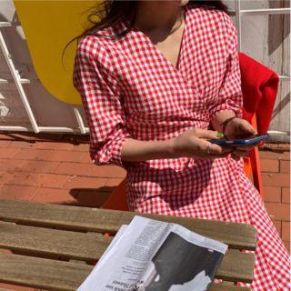 Wrap-front Gingham Midi Dress Red - One Size