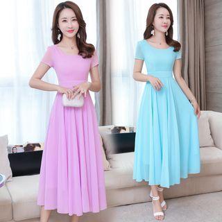 Plain Short-sleeve Chiffon A-line Midi Dress